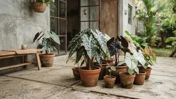 6 Model Teras dengan Keladi Hias dan Pot Terakota untuk Tampilan Tropis yang Estetik